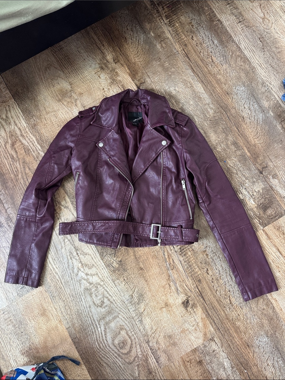 Women's Burgundy Faux Leather Moto Jacket with Belt